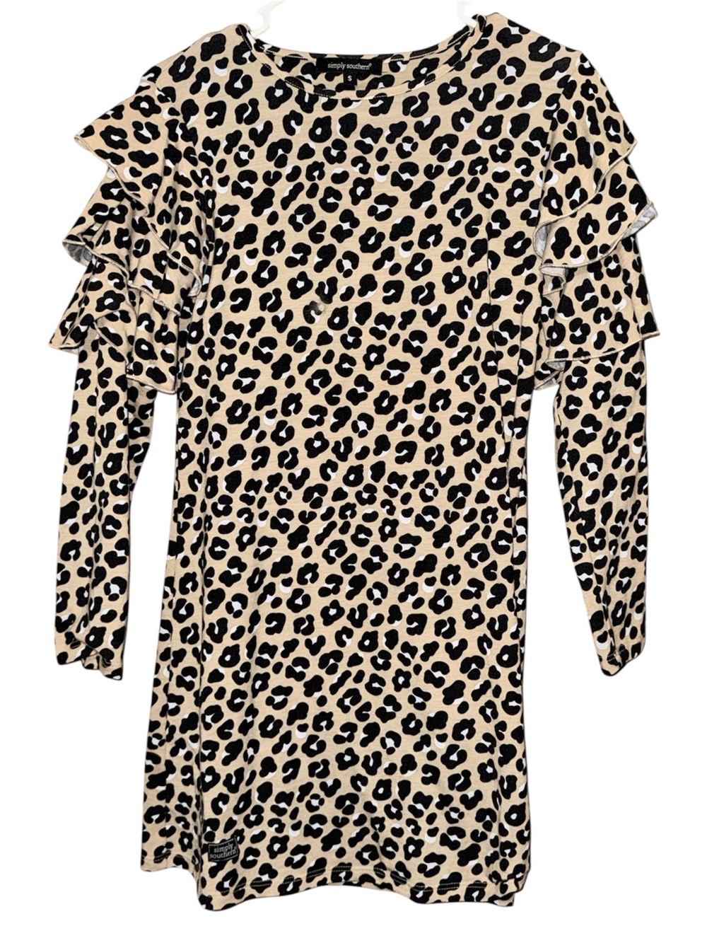 Simply Southern Tan and Black Leopard Ruffle Sleeve Dress Sz S